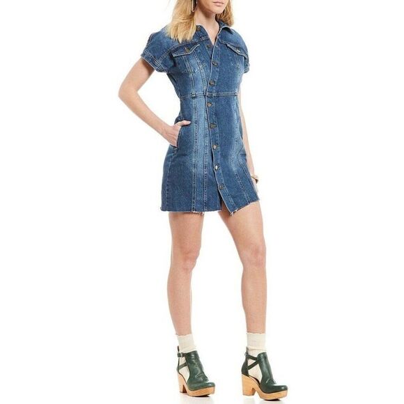 FREE PEOPLE XS DENIM CITY ASYMMETRICAL BUTTON RAW HEM MINI SHIRT DRESS BLUE - Picture 10 of 11